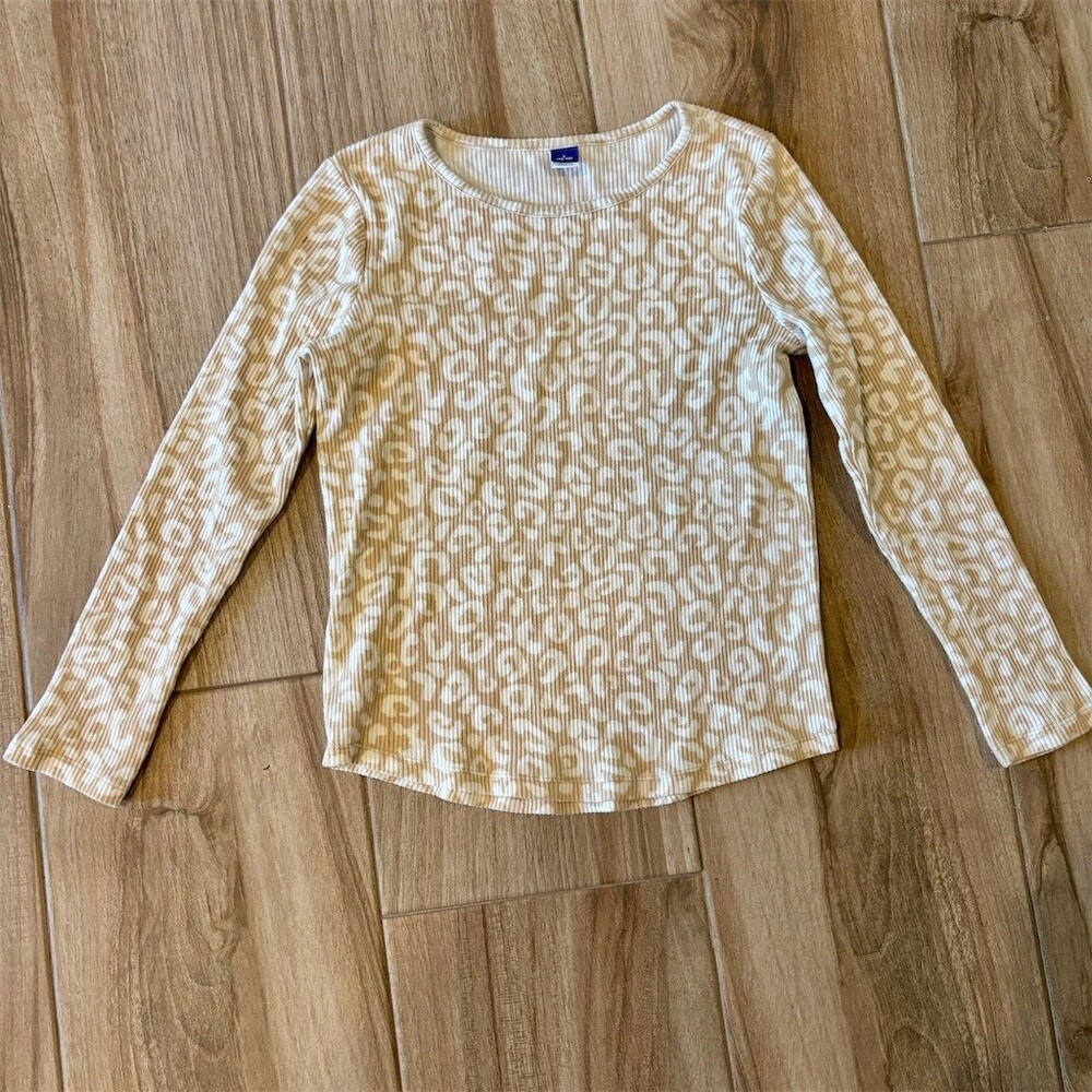Old Navy Girls Ribbed Long Sleeve Tee Beige Leopard Print Size L 10-12